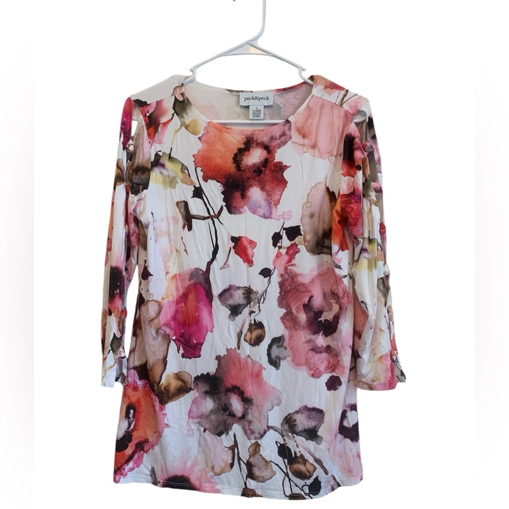 Floral colorful cold shoulder flowy Peck & Peck top spring summer sexy cute
